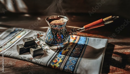 A steaming hot Turkish coffee and an espresso cup on the kitchen table photo