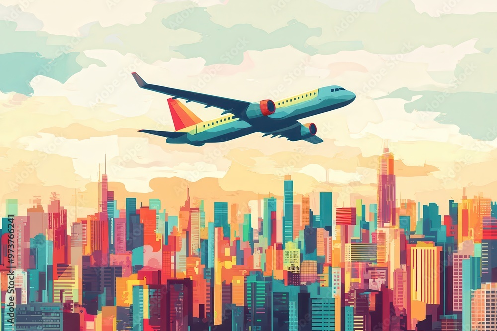 Colorful cityscape illustration with airplane flying above modern skyscrapers, bright urban skyline under a vivid sky. Colorful cityscape illustration with airplane flying above modern skyscrapers, bright urban skyline under a vivid sky.