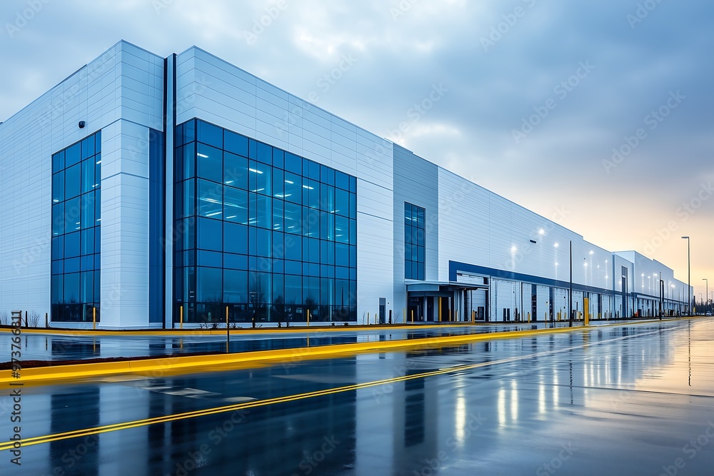 Industrial outdoor view of a factory with long walls and modern designed windows, outside is rainy Industrial outdoor view of a factory with long walls and modern designed windows, outside is rainy