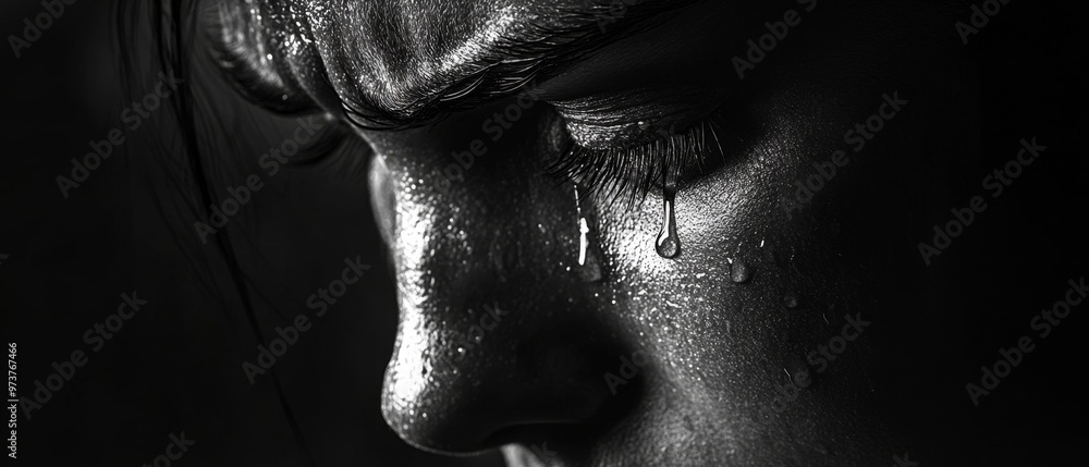 Shadowed tear-streaked face capturing profound emotion, with detailed features and contrasts emphasized by soft, dramatic lighting in a somber, artistic composition Shadowed tear-streaked face capturing profound emotion, with detailed features and contrasts emphasized by soft, dramatic lighting in a somber, artistic composition