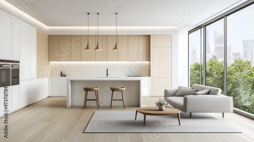 Interior home living room design in a minimal modern style with kitchen visible in in background, wooden and white luxury house design