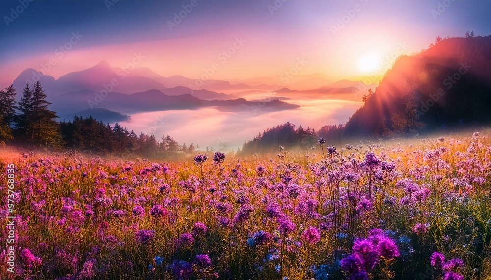 Obraz premium A vibrant field of purple flowers stretches beneath a breathtaking sunset, framed by majestic mountains and a kaleidoscope of clouds, embodying nature's serene beauty and tranquility.