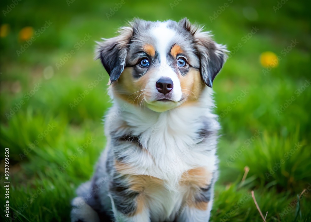 Adorable small Australian Shepherd puppy with blue merle coat and piercing brown eyes sits on green grass, looking Adorable small Australian Shepherd puppy with blue merle coat and piercing brown eyes sits on green grass, looking