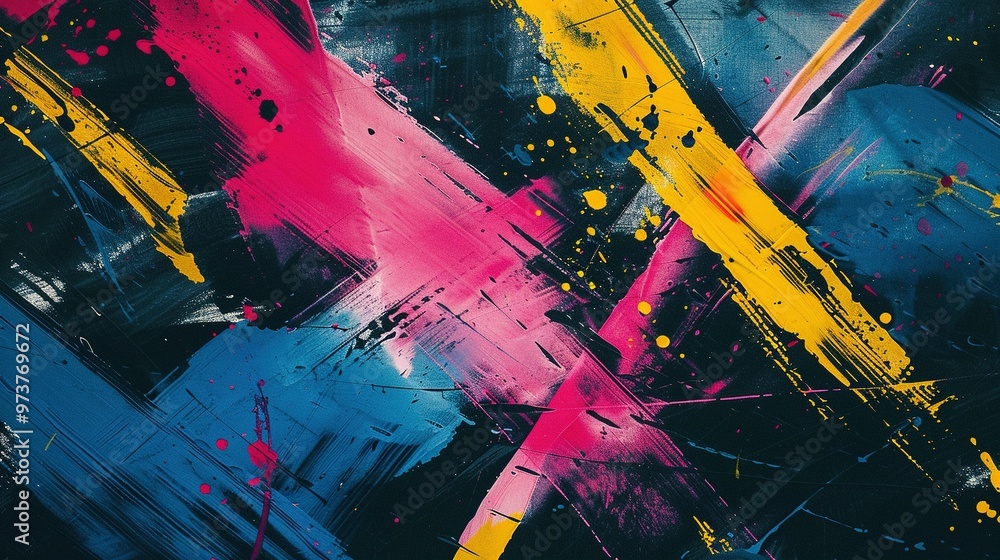 Naklejka premium Dynamic Abstract Background Featuring Directional Arrows with Bold Strokes of Pink, Yellow, and Blue – Accompanied by Splatter Effects for a Sense of Movement and Energy