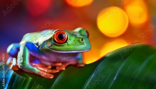 A vibrant rainforest jewel, a tropical frog with intricate snake-skin patterns, basks in the warm sunlight on a lush green leaf. Its vibrant colors and mesmerizing details 