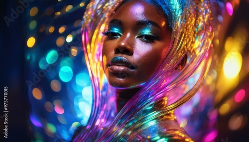 **Here’s a 180-character description of the image:**A mesmerizing figure, bathed in a kaleidoscope of neon hues, emerges from the digital realm, her metallic skin and hair shimmering