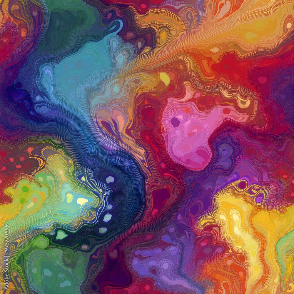 Fototapeta premium A mesmerizing swirl of liquid blue and vibrant hues dances across a shiny canvas, creating an abstract masterpiece. The fluid textures evoke depth and captivating motion.