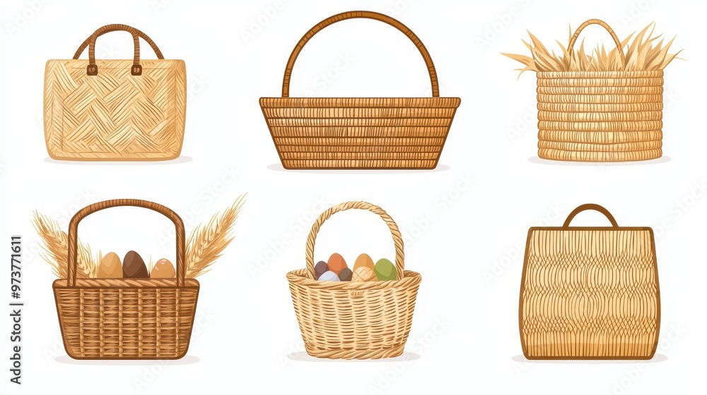 Set of Wicker Baskets with Handle Isolated on White Background Set of Wicker Baskets with Handle Isolated on White Background