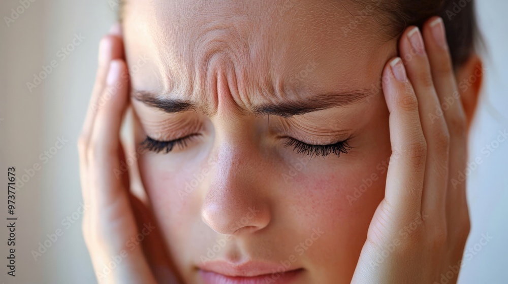 Fototapeta premium Young woman with a headache, common health problems, soft background, focus on expression