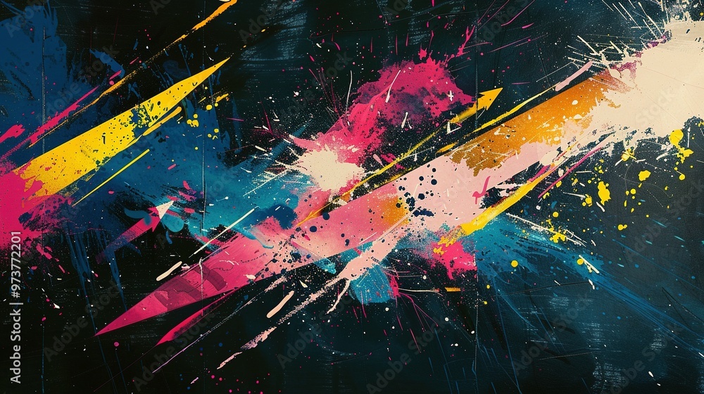 Naklejka premium Dynamic and Energetic Abstract Background: Featuring Directional Arrows with Bold Strokes of Pink, Yellow, and Blue, Accompanied by Splatter Effects on a Dark Backdrop