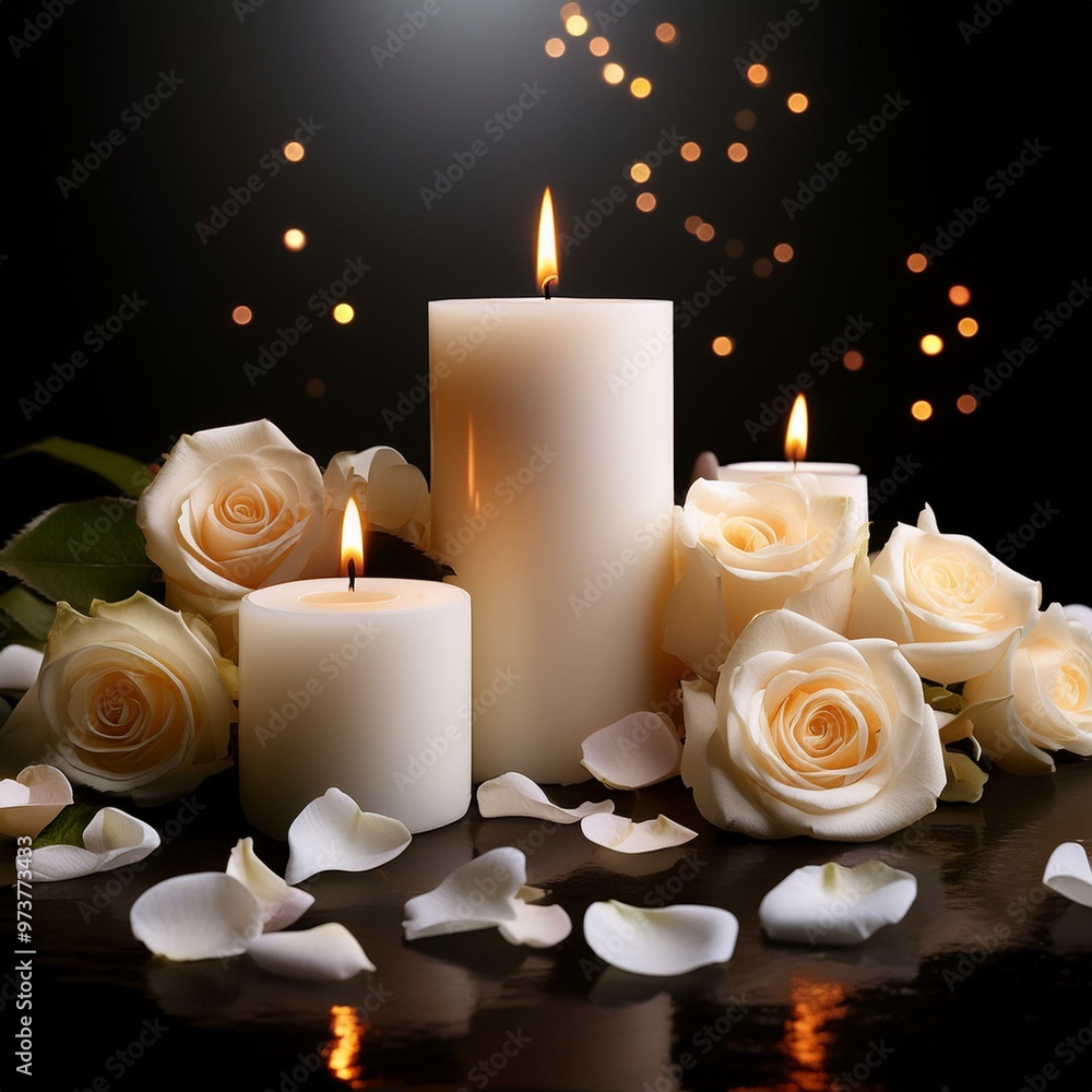 Soft white candles flicker gently, surrounded by lush roses and delicate blooms. This serene arrangement creates a peaceful ambiance, inviting reflection and tranquility. Soft white candles flicker gently, surrounded by lush roses and delicate blooms. This serene arrangement creates a peaceful ambiance, inviting reflection and tranquility.
