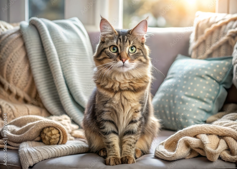 Adorable whiskered feline sits on a cozy couch, surrounded by soft cushions and blankets, with a gentle gaze Adorable whiskered feline sits on a cozy couch, surrounded by soft cushions and blankets, with a gentle gaze