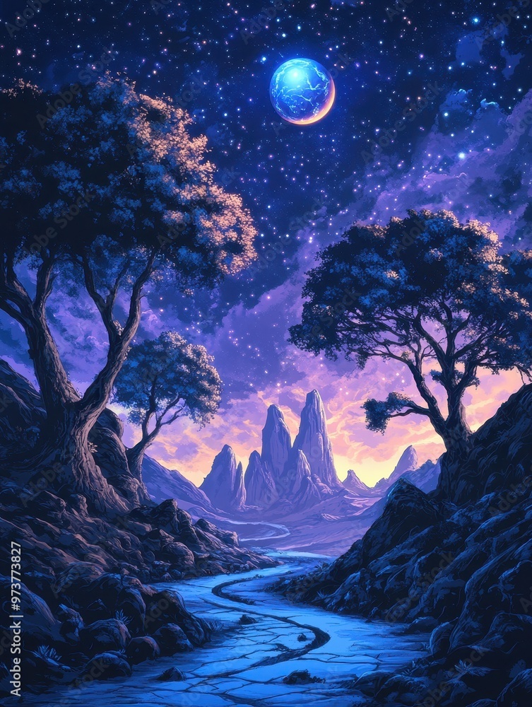 A beautiful landscape with a blue sky and a large planet in the background A beautiful landscape with a blue sky and a large planet in the background