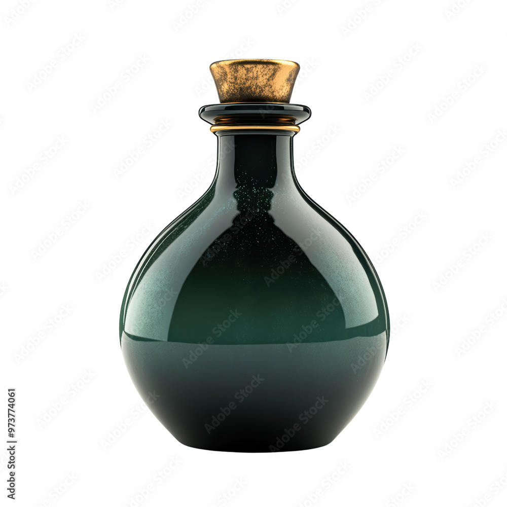 A Stunning Glass Potion Bottle with a Golden Cap and Enchanting Green Hue A Stunning Glass Potion Bottle with a Golden Cap and Enchanting Green Hue