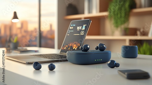 Wireless earbuds charging on a desk with a laptop. photo