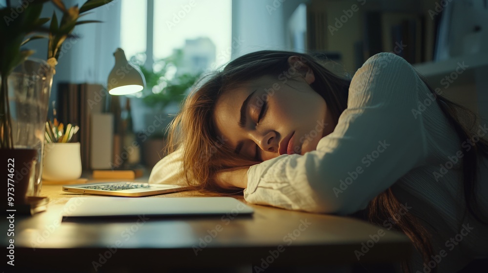 Woman resting her head on her desk, overwhelmed by fatigue, soft lighting Woman resting her head on her desk, overwhelmed by fatigue, soft lighting