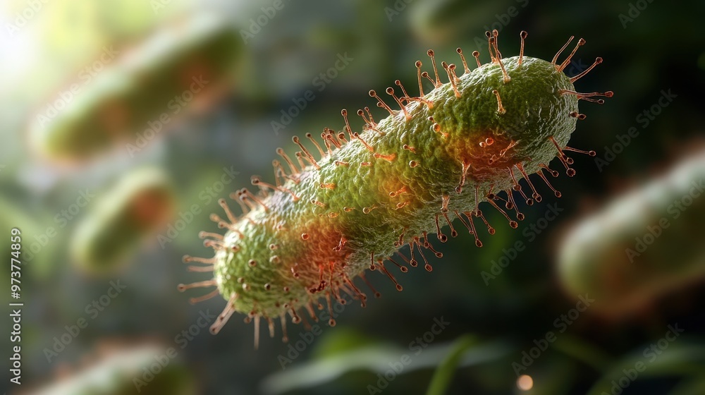 Naklejka premium A green and brown bacterium with red spots is shown in a close up