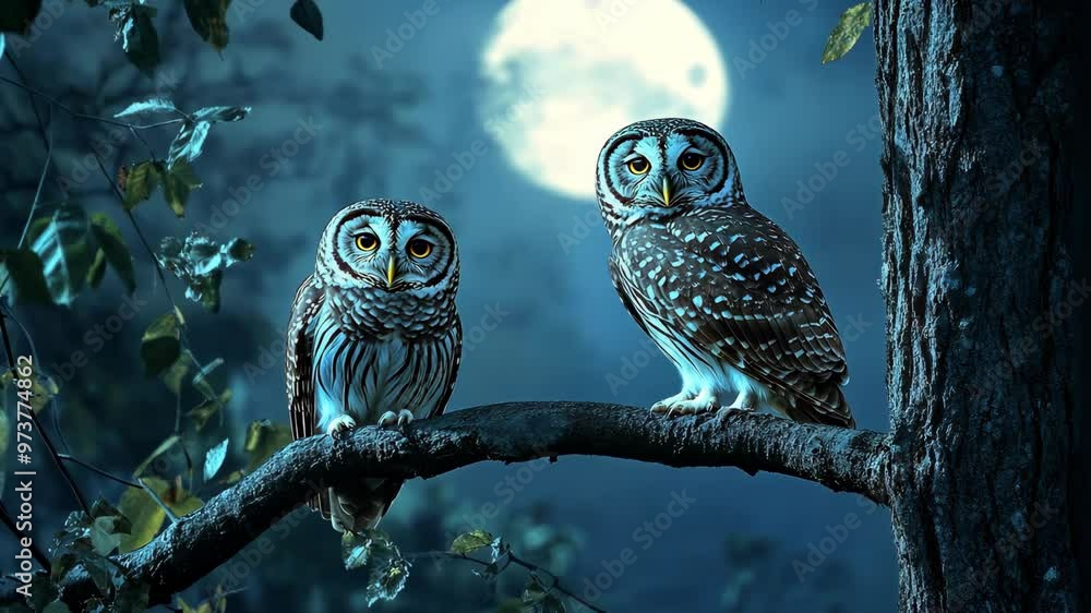 Owls perched on a branch under the glowing moonlight in a tranquil forest during the night Owls perched on a branch under the glowing moonlight in a tranquil forest during the night