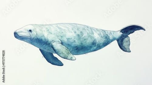 Watercolor illustration of a dugong gracefully swimming in clear, calm waters, with delicate, flowing brushstrokes.