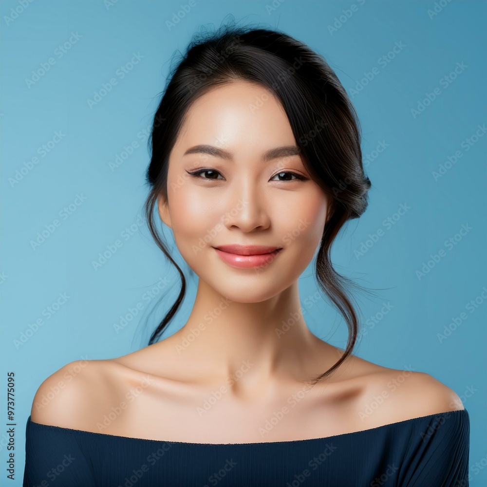A beautiful young Japanese woman with glowing, dewy skin and silky, tousled black hair exudes natural elegance. Her almond eyes sparkle with kindness, and her warm smile radiates grace and serenity.