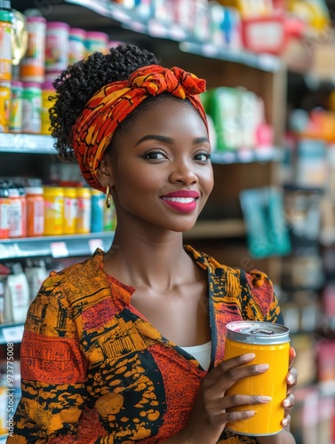 A woman wearing a colorful head scarf is holding a yellow canister