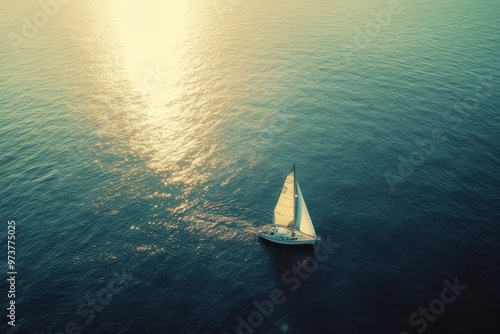 Aerial view of serene sailboat with sun reflection on calm ocean, Hawaii, United States, ai