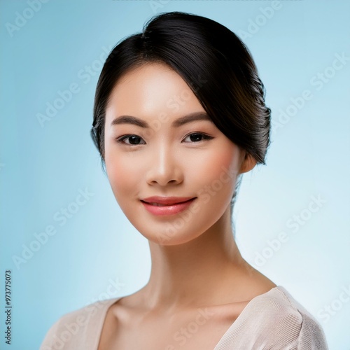 A beautiful young Japanese woman with glowing, dewy skin and silky, tousled black hair exudes natural elegance. Her almond eyes sparkle with kindness, and her warm smile radiates grace and serenity.