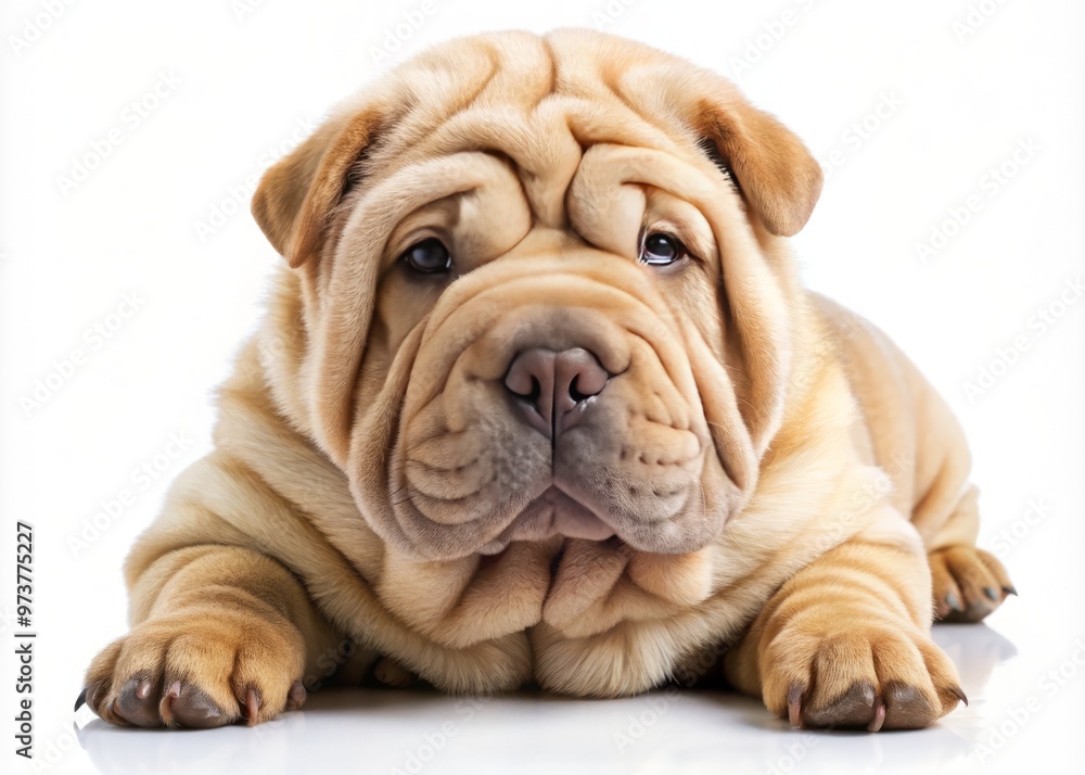 Adorable wrinkled Chinese Shar Pei puppy with fluffy coat and cute snout lying on its side, paws tucked Adorable wrinkled Chinese Shar Pei puppy with fluffy coat and cute snout lying on its side, paws tucked