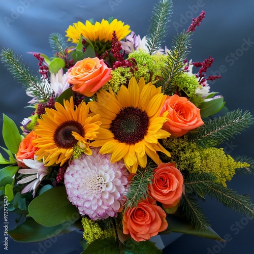 An autumn bouquet brims with golden sunflowers, velvety roses, and warm fall blooms, woven with fiery leaves, capturing the rich, cozy essence of the season in every petal.