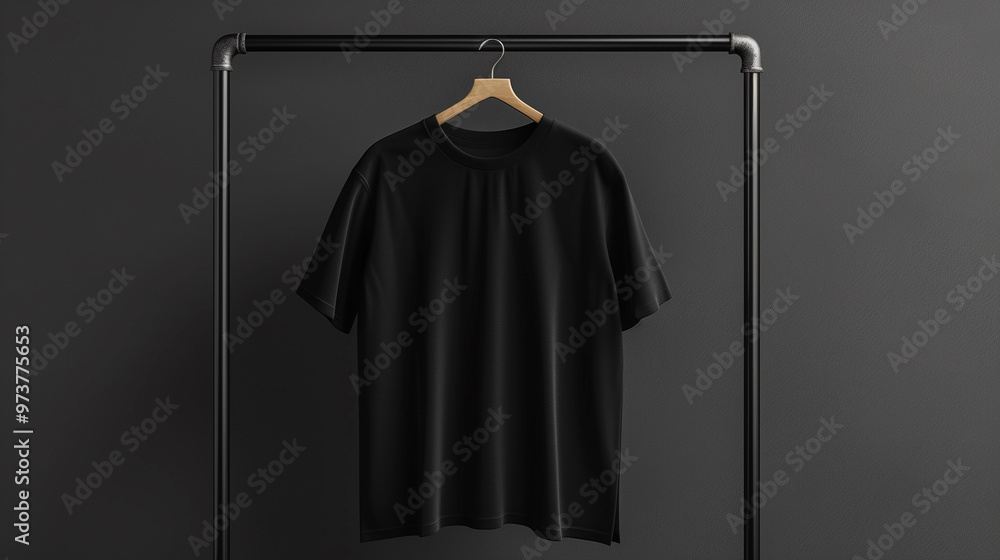 blank black T-shirt for mockup hanging on a simple clothing rack blank black T-shirt for mockup hanging on a simple clothing rack