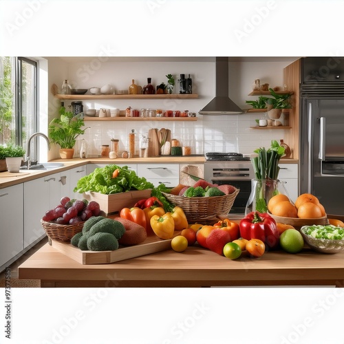 Organic vegetables are artfully arranged on a sleek kitchen table, their vibrant colors and fresh textures contrasting beautifully with the modern kitchen’s clean lines and elegance.