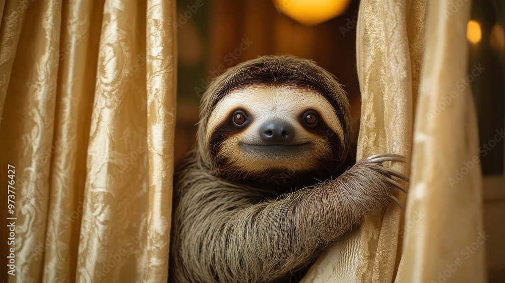 Fototapeta premium A sloth in a luxurious indoor setting with elegant curtains, evoking a sophisticated and cozy ambiance.