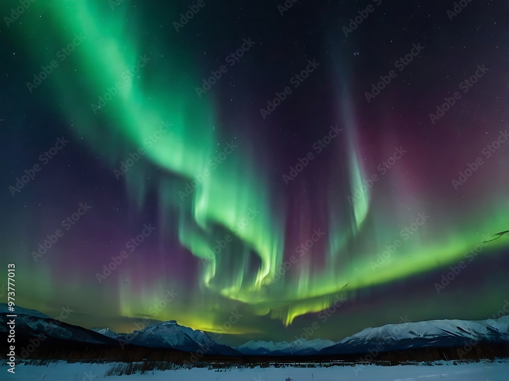 A beautiful view of aurora in northern sky night over the hills. Green borealis over the mountains northern lights background wallpaper
