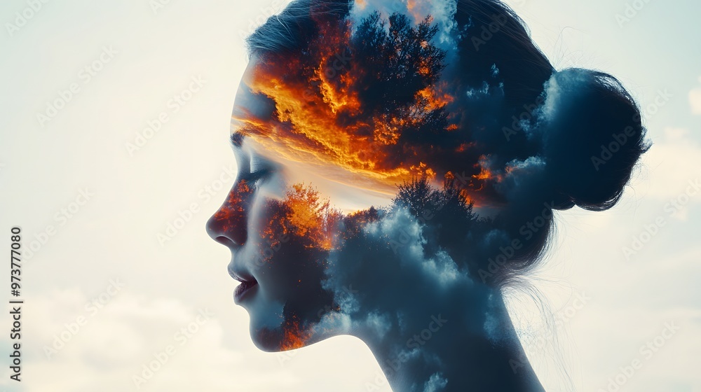Woman's Profile Silhouetted with a Sunset and Trees Double Exposure Woman's Profile Silhouetted with a Sunset and Trees Double Exposure
