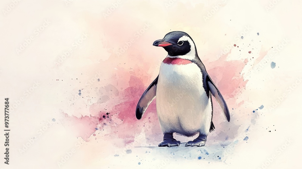 Fototapeta premium A penguin illustrated in watercolor style, with gentle, flowing hues and a soft, artistic touch.