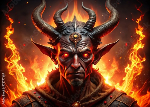 A dramatic, crimson-lit portrait of a menacing, horns-adorned figure with glowing red eyes, surrounded by flames, photo