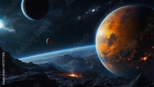 Space illustration abstract background dark fantasy view of planets in endless galaxy