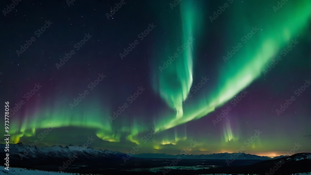A beautiful view of aurora in northern sky night over the hills. Green borealis over the mountains northern lights background wallpaper A beautiful view of aurora in northern sky night over the hills. Green borealis over the mountains northern lights background wallpaper