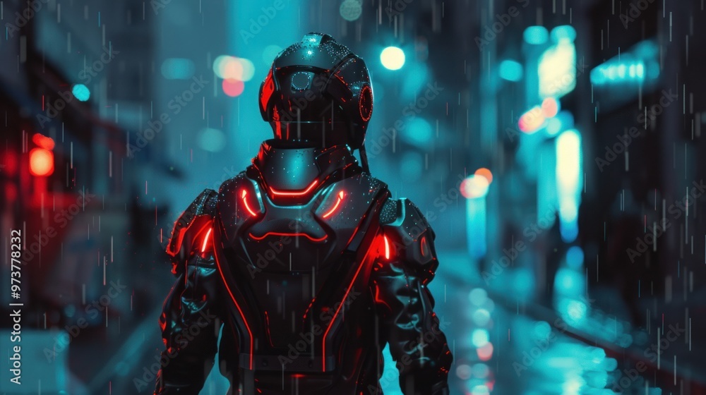Futuristic cyborg neon army with blurry cyberpunk city street background AI generated image Futuristic cyborg neon army with blurry cyberpunk city street background AI generated image