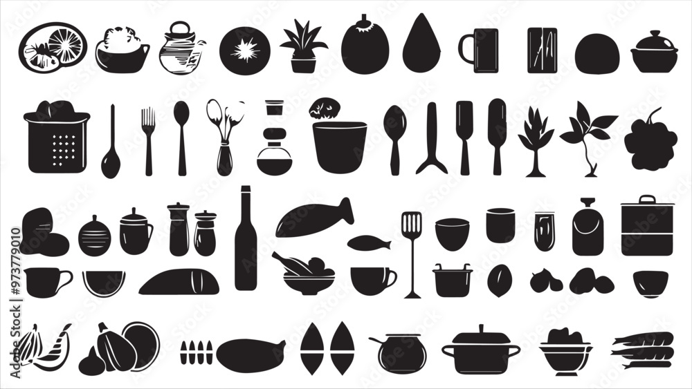 Food and cooking web icons. Set of black symbols for a culinary theme Vector collection of silhouette design elements.
Food and cooking web icons. Set of black symbols for a culinary theme Vector collection of silhouette design elements.