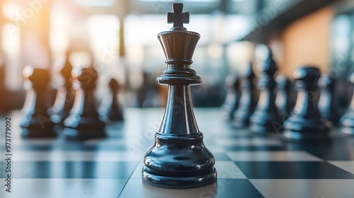 Black Chess King on a Chessboard with Blurry Background