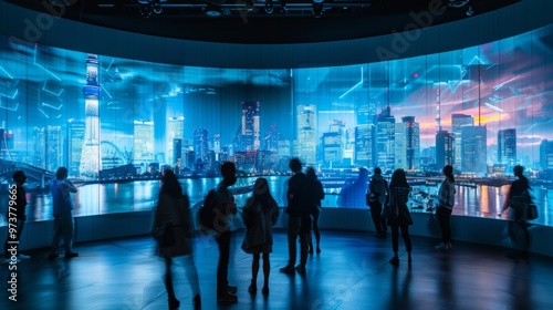 group of people in a room with screens alluding to a futuristic museum photo