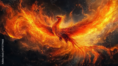 Oil painting for a magnificent fiery phoenix rising from the flames, symbolizing rebirth and transformation in a vibrant fantasy artwork. photo