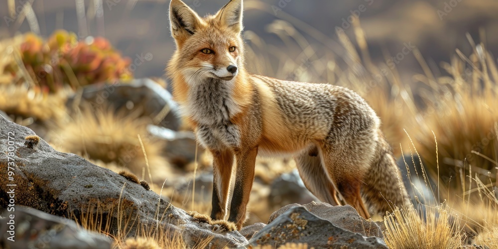 Selective focus on a fox in a rocky environment on a sunny day Selective focus on a fox in a rocky environment on a sunny day