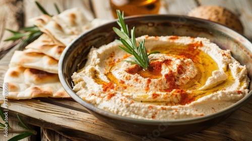 Rustic Hummus with Pita Bread and Olive Oil Drizzle