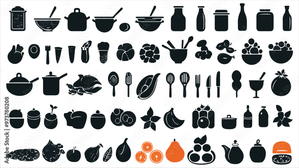Food and cooking web icons. Set of black symbols for a culinary theme Vector collection of silhouette design elements.
Food and cooking web icons. Set of black symbols for a culinary theme Vector collection of silhouette design elements.