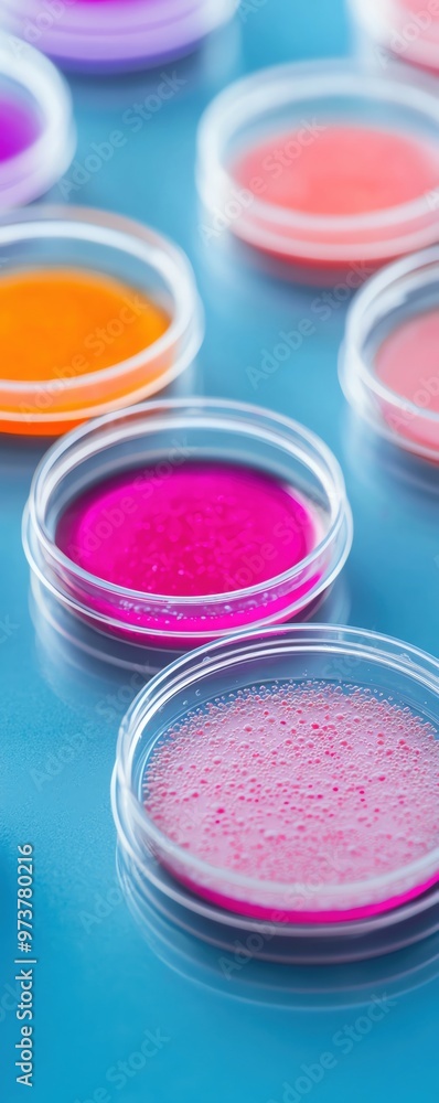 Vibrant colored powders in round containers arranged on a blue surface, perfect for art, craft, or beauty projects. Vibrant colored powders in round containers arranged on a blue surface, perfect for art, craft, or beauty projects.