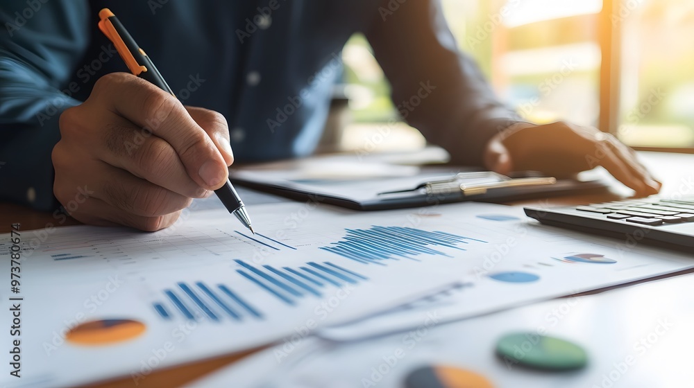 Hand Analyzing Financial Charts and Data with Pen Hand Analyzing Financial Charts and Data with Pen