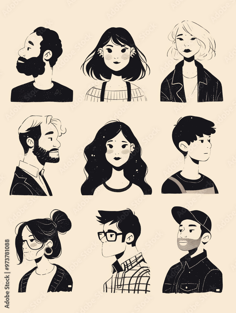 Nine simple hand-drawn cartoon characters are arranged in a 3x3 grid. The characters include both males and females Nine simple hand-drawn cartoon characters are arranged in a 3x3 grid. The characters include both males and females