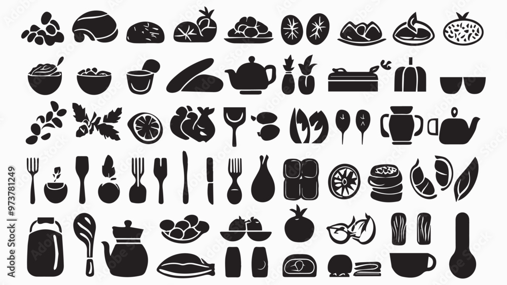 Food and cooking web icons. Set of black symbols for a culinary theme Vector collection of silhouette design elements.
Food and cooking web icons. Set of black symbols for a culinary theme Vector collection of silhouette design elements.